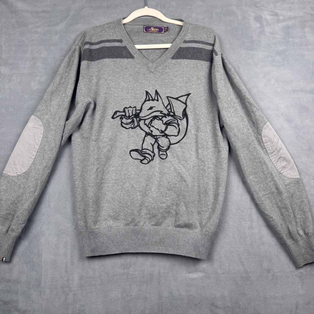 Akoo Mens XL Grey V-Neck Cotton‎ Knit Sweater Fox Graphic Elbow Patches